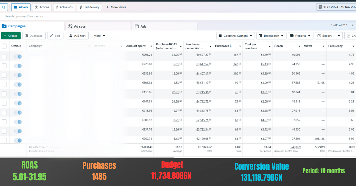 Meta Ads справка — 131 118 лв оборот за 10 месеца при ROAS 5 до 32
